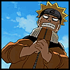 A character with spiky blonde hair and a black headband holds a brown staff against a blue sky background, shown in multiple