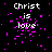Pixelated text 'Christ is love' in white with pink particle effects on black background, animated with scattered pink particles.