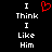 Black background with white pixelated text reading "I Think I Like Him" and a red heart symbol above the word "Think".