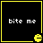 Four identical black square with yellow borders, each containing white text 'bite me' and a pixelated yellow Pac-Man icon at the bottom-right corner