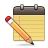 Pixelated notepad with brown binding and yellow lined pages, overlaid by a diagonal pencil with red eraser and black tip.