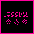 Pixel art buddy icon with pink text and animated hearts on black background, showing two frames of heart animation.