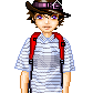 Pixel art character with brown hair, purple eyes, and a striped shirt wearing a red backpack and brown hat with purple accents.