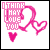 Pixelated pink text "I THINK I MAY LOVE YOU" with a heart-shaped design on white background, animated to cycle through letter replacements.