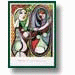 Animated sequence of stylized figures in green, red, and brown tones with repeated geometric patterns on a white background.
