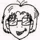 Black-and-white cartoon head with short hair, glasses, and a wide smile appears in multiple angled views against black background.