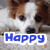 A dog with brown and white fur lies on a textured surface, its head positioned above blue text reading 'Happy' in the top-left frame.