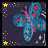 Animated sequence of a blue butterfly with pink accents against dark background, surrounded by yellow stars and multicolored dots.