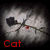A static image of a stylized cat face with white fur, black ears, and red eyes against a dark background.
