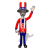 Animated character in red jacket and blue pants waves with one hand while standing against white background.