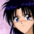 Anime-style character face with dark blue hair, light skin tone, and large expressive eyes against a pale pink background.