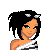 Pixel art of a character with black hair, blue eyes, and a striped one-shoulder top, shown in a static pose with visible torso and legs.