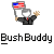 Pixelated static icon of a figure in a suit holding an American flag with text below.