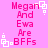 Pink background with repeated text "Megan And Ewa Are BFFs" in pink pixelated font, surrounded by white square and dot animation elements.