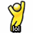 Yellow stick figure with raised arms and a white head, positioned above text labels on black backgrounds.