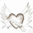A pixelated heart with brown outline and white fill, flanked by two symmetrical wing-like shapes in light gray tones on a plain background.