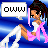 Pixelated character with dark hair and pink streaks in white outfit, sitting with legs crossed against blue striped background, speech bubble reads OWWW.