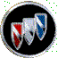 Nine circular icons arranged in a , each with black background and silver border; eight display abstract red-white-blue shapes while one shows white capital 'I' on black