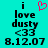 Cyan background displays black text 'i love dusty <33 8.12.07' with a pink pixelated heart above 'i' in the first frame, absent in the second frame.
