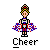 Pixelated cheerleader icon with red, white, and blue pom-poms, wearing a striped top and skirt, standing on a gray background with 'Cheer' text below.