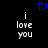 Blue pixelated heart symbol above two identical white text blocks reading 'i love you' on black background.
