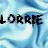 Pixelated text "LORRIE LORRIE" repeated across a light blue fabric-like background in an animated contact sheet frame.