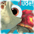 Pixelated cartoon character with large brown eyes and red scarf against blue background, text 'dude!' in white and red above.