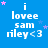 Blue background with white text reading "i lovee sam riley<3" and pink/purple star decorations in a