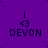 Purple background with repeated 'i <3 DEVON' text in dark blue, scattered black dots, and a white rectangular cutout on the right edge.