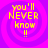 Four identical pixelated display yellow text on a purple spiral background with no visible animation changes