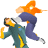 Pixelated figure in teal and yellow outfit holding a glowing orange star above a blue-clad figure against gray background.