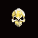 Pixelated yellow skull with black eye sockets and teeth, displayed in multiple positions against dark backgrounds