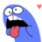 Blue cartoon character with wide eyes and tongue out, showing four variations with heart and musical note symbols.