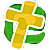 A pixelated yellow cross with white outline surrounded by green curved shapes on gray background.