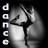 Pixelated grayscale image of a figure in mid-dance pose with one leg extended, vertical text on left side.