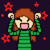 Pixel art character with brown hair in green striped dress raises arms amid colored stars.
