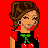 Pixel art of a woman with brown hair in an updo, wearing black crop top and pants, red cherry design on chest, standing against solid red background.