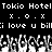 Black-and-white pixelated image with repeated text and symbols, featuring 'Tokio Hotel' at top, 'x.o.x' patterns, 'i love u bill' text, and a of pixelated figures below