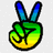 Pixelated hand making a peace sign with blue-tinted fingers and a green-to-yellow gradient palm on a light gray background.