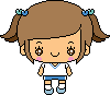 Pixel art character with brown pigtails tied with blue and green hair ties, wearing white shirt with blue trim, blue shorts, white socks, and blue shoes, standing against gray background.