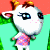 Pixelated cartoon character with white face, brown hair, and blue eye, wearing pink dress, holding green object against red and green background.