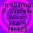 Purple background with pink spiral patterns and black text reading 'In Spining in Circeless !Woah! BRAIN FREEZE' arranged vertically.