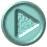 Two circular icons with teal borders display a triangular play symbol; the left icon shows a faded gray triangle with a white streak, while the right icon shows a solid red triangle.