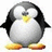 Pixelated penguin with black wings, white body, yellow beak and feet stands against white background; blue displays text in pixel font