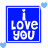 A contact sheet of five animated frames showing a blue square icon with white text "i Love you" and small light blue hearts floating around it on a transparent background.
