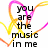 Pixelated text reads 'you are the music in me' surrounded by a gradient swirl of pink, orange, and yellow lines on white background.