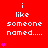 Red background with white pixelated text reading 'i like someone named....' and pink heart symbols in various positions