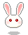 Pixelated bunny head with pink ears, red eyes, and pink cheeks on gray background; one version shows closed eyes.
