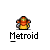 Pixelated character with orange helmet and yellow body holding a blue sphere, labeled 'Metroid' below.