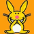 Pixelated yellow bunny with pink nose and white belly on orange background, displaying text overlays in different frames.